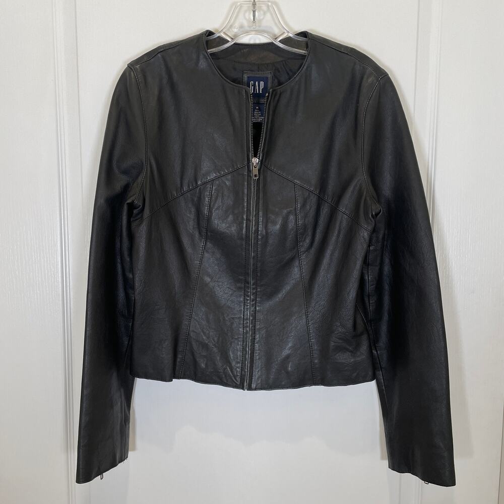 Gap VINTAGE Y2K Leather Bomber Jacket Zip Front Black M